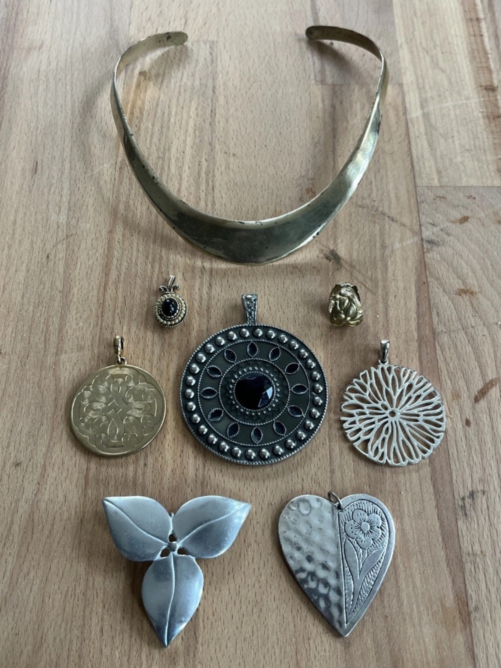 Lot Of 8 Mixed Metal Pendants With Brass Ear Cuff & Brass Choker Necklace VTG